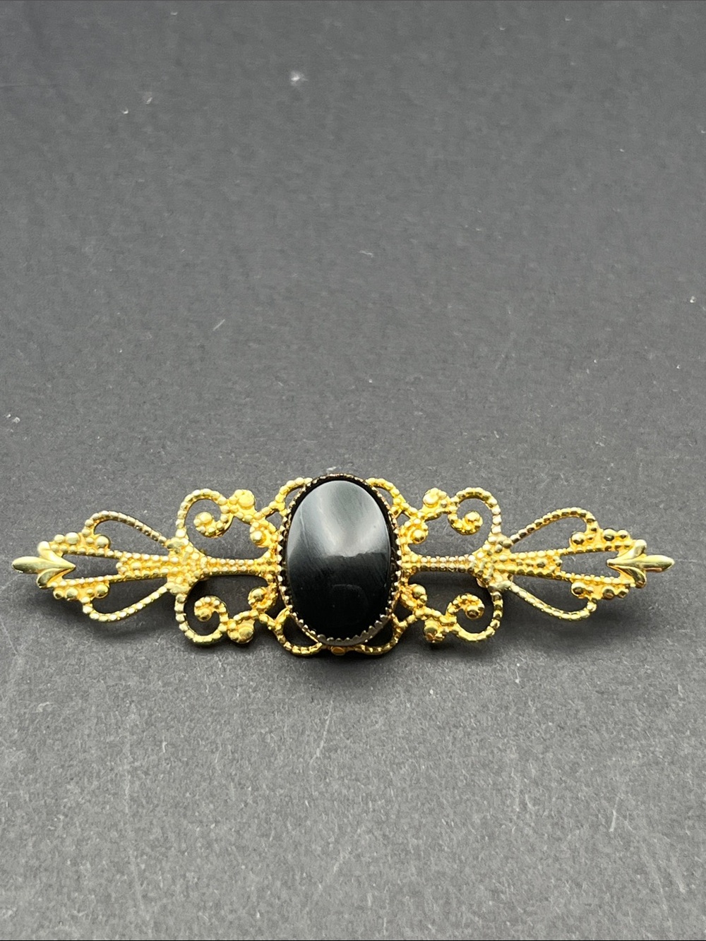 Beau Sterling bar brooch black glass oval with scroll work